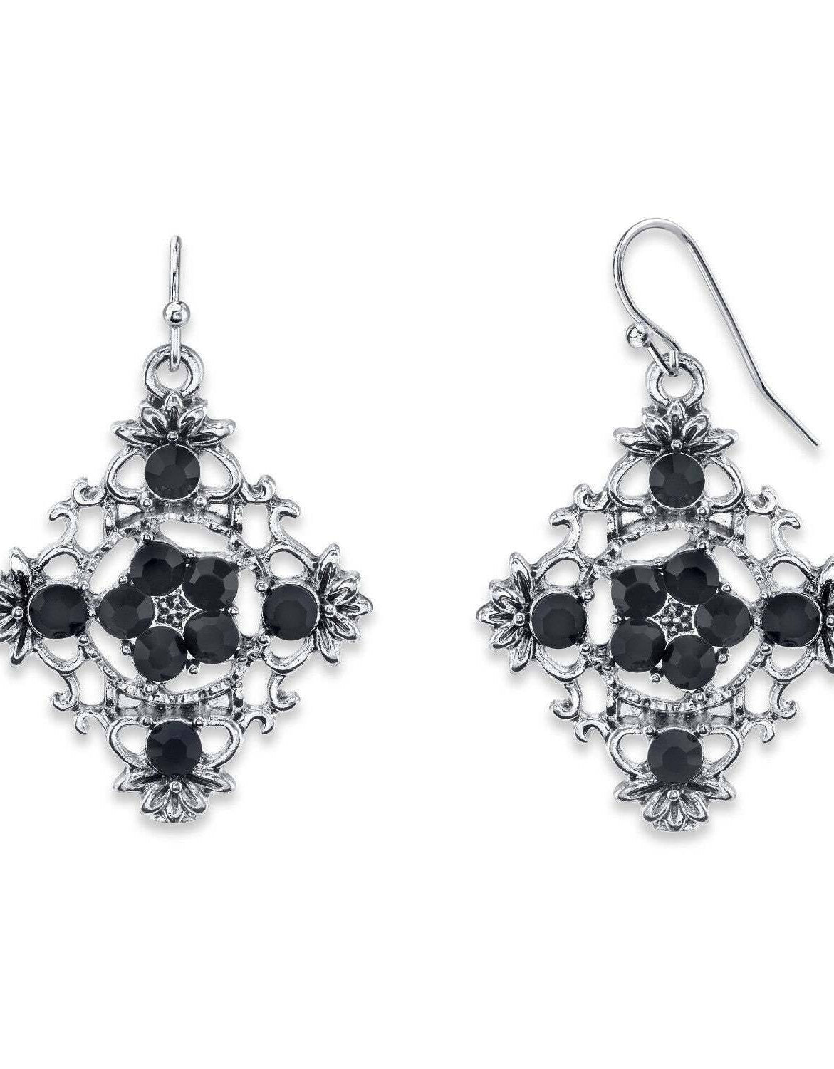 2028 Jewelry Diamond Shaped Filigree Flower Crystal Drop Earrings