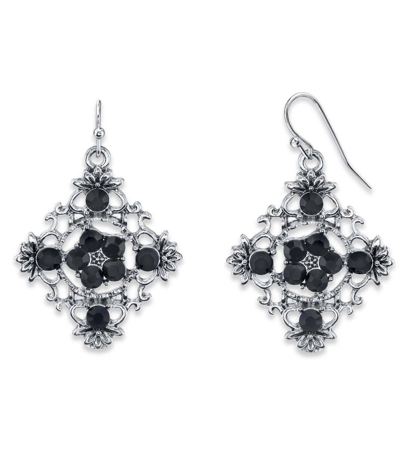 2028 Jewelry Diamond Shaped Filigree Flower Crystal Drop Earrings
