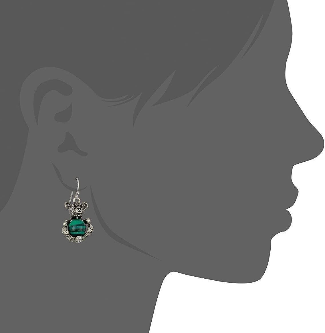 1928 Jewelry Pewter Round Gemstone Quartz Teddy Bear Wire Earrings