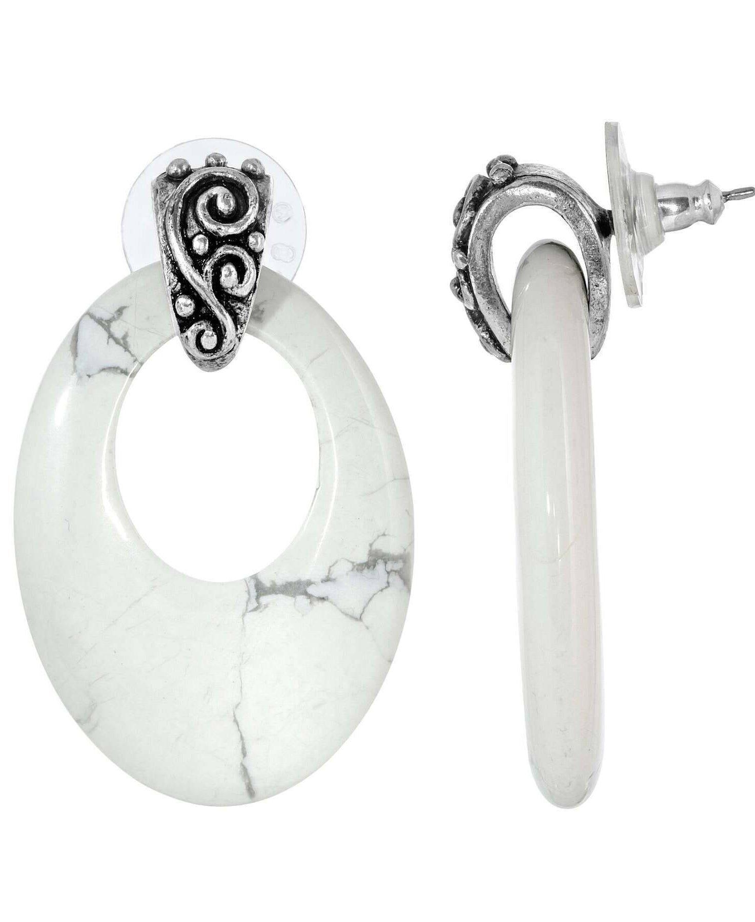 1928 Jewelry Pewter Gemstone Oval Hoop Earrings