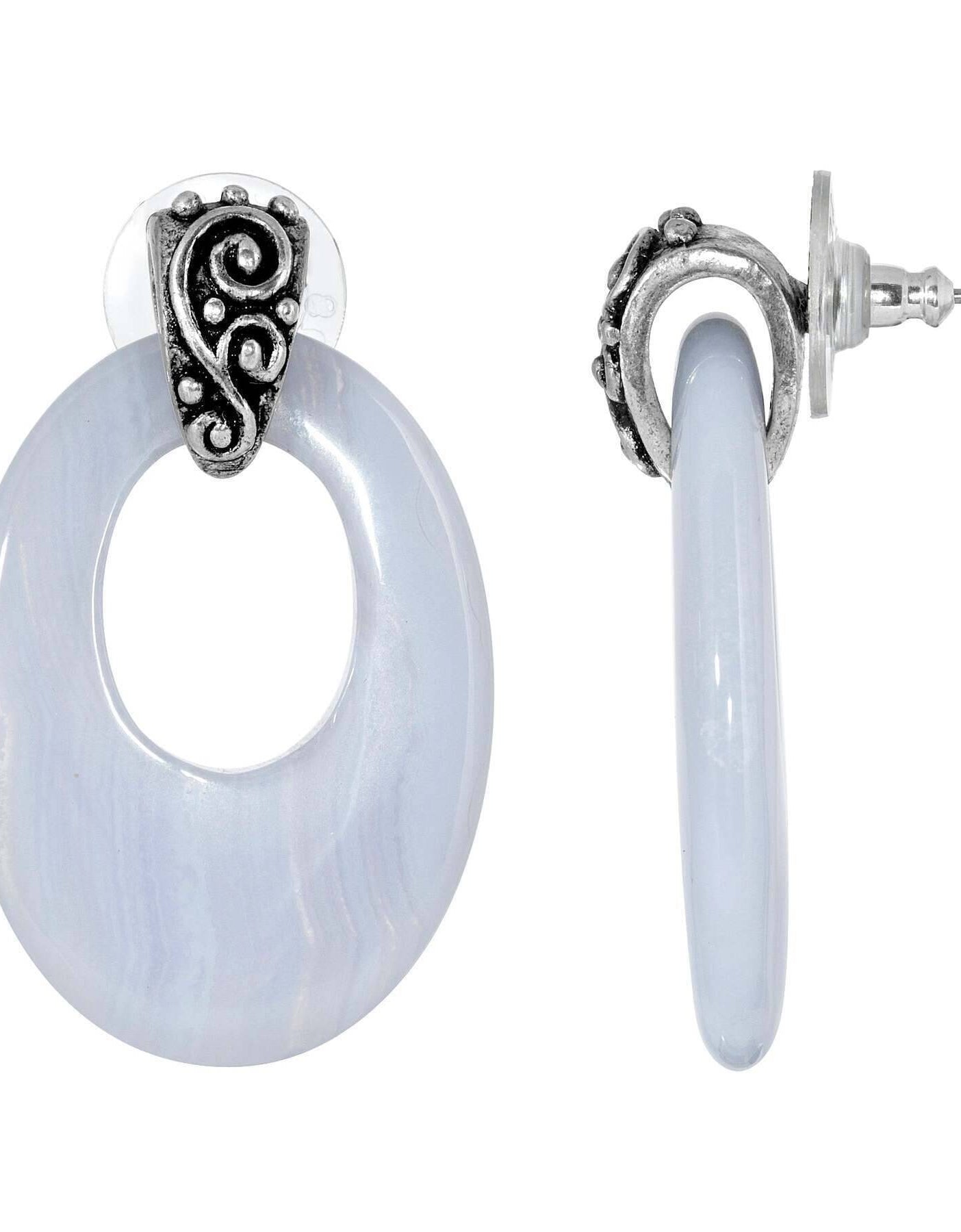 1928 Jewelry Pewter Gemstone Oval Hoop Earrings