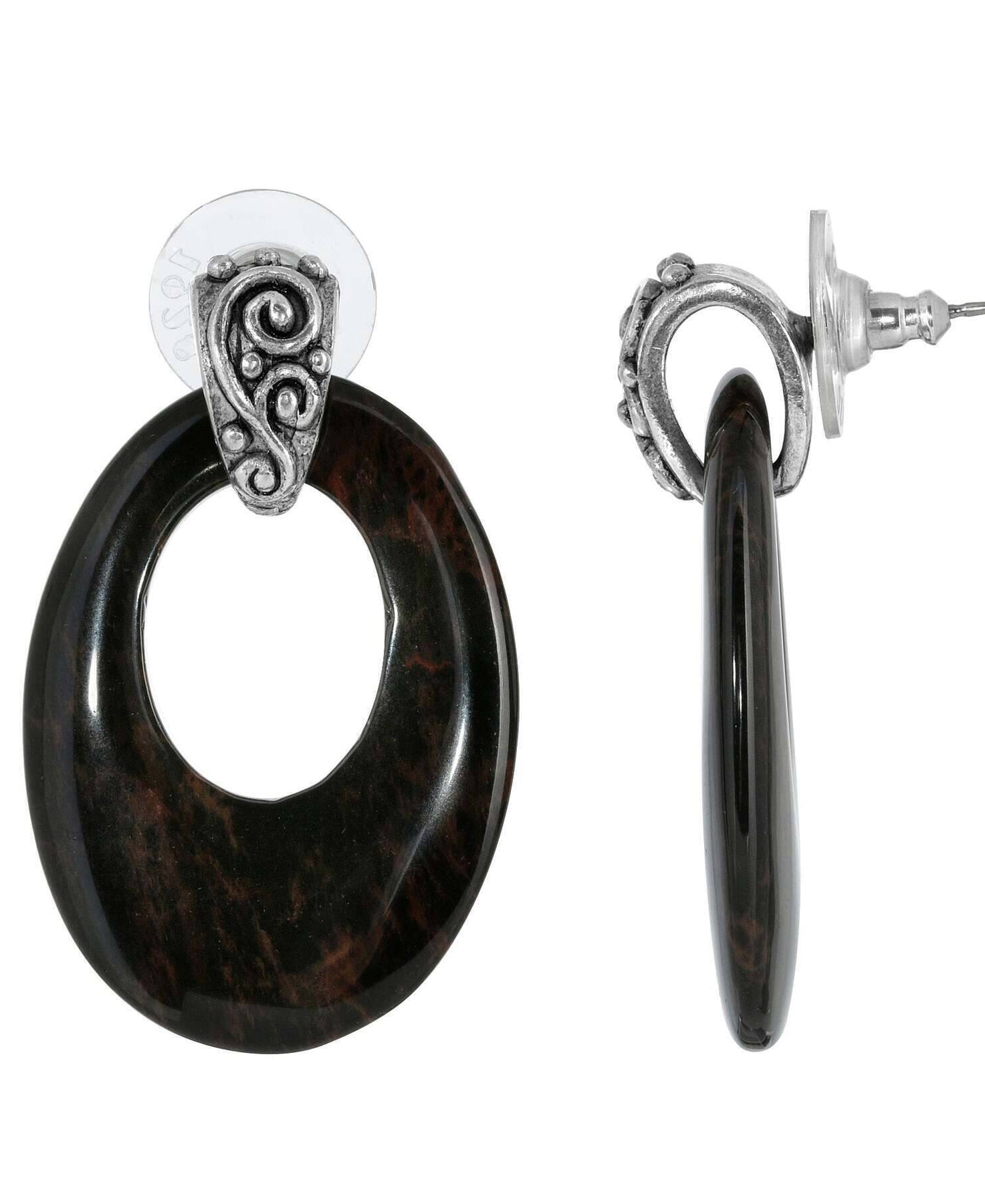 1928 Jewelry Pewter Gemstone Oval Hoop Earrings