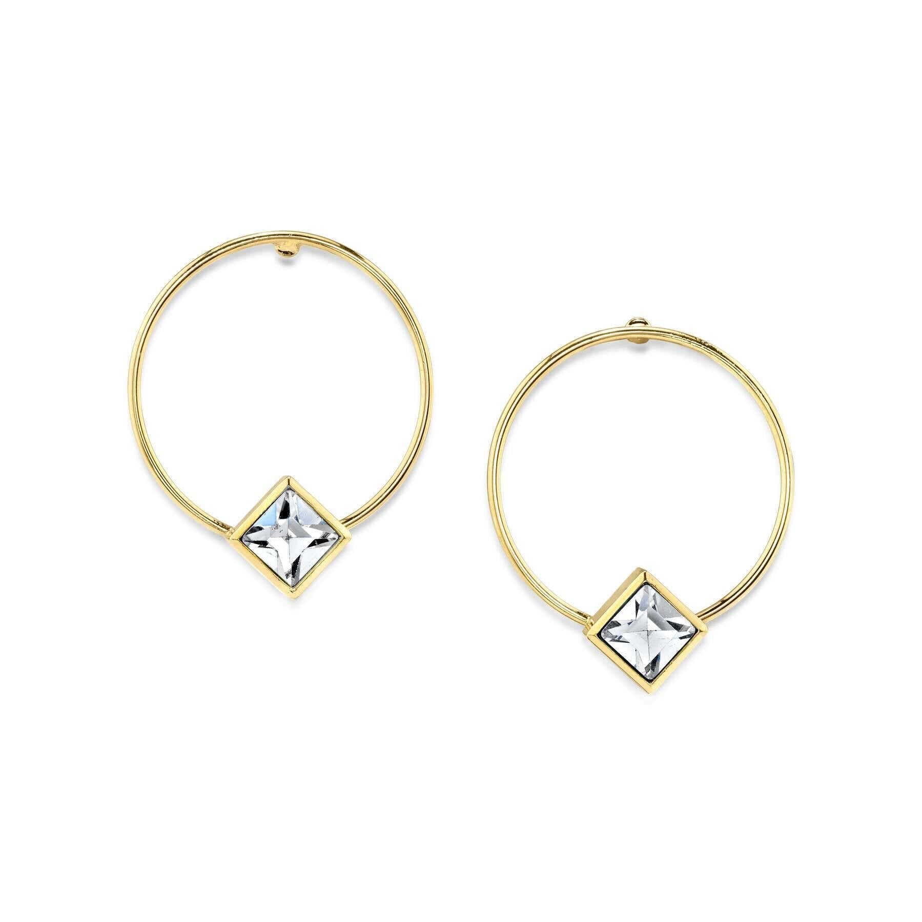 1928 Jewelry Diamond Shape Crystal Stainless Steel Dainty Round Hoop Post Earrings