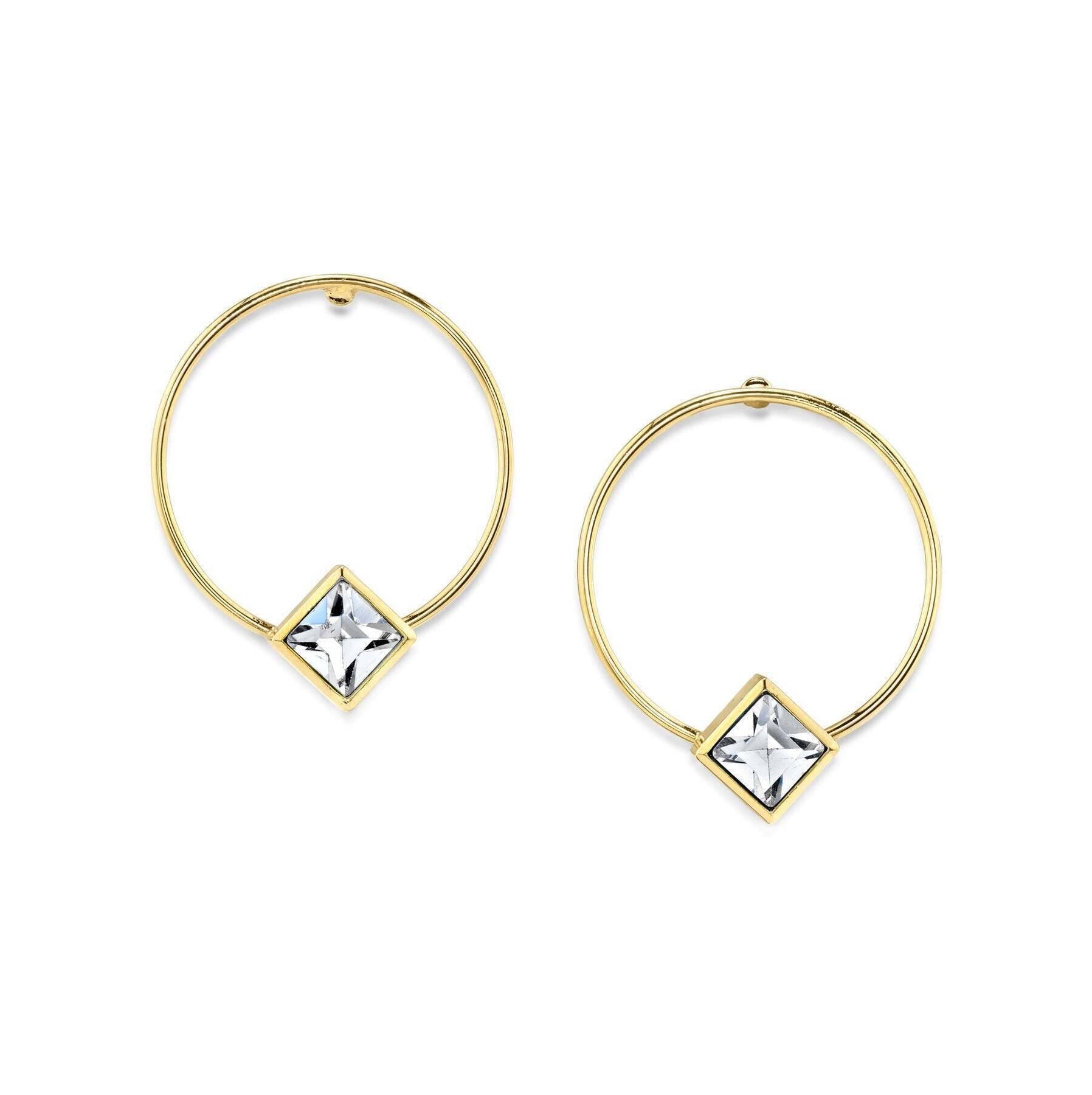 1928 Jewelry Diamond Shape Crystal Stainless Steel Dainty Round Hoop Post Earrings