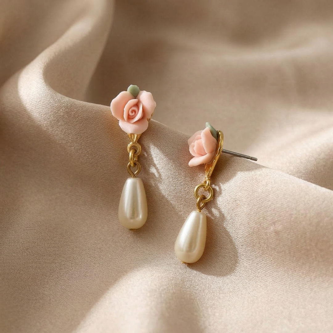 Pair of earrings with porcelain rose tops and faux pearl drops on a beige fabric background