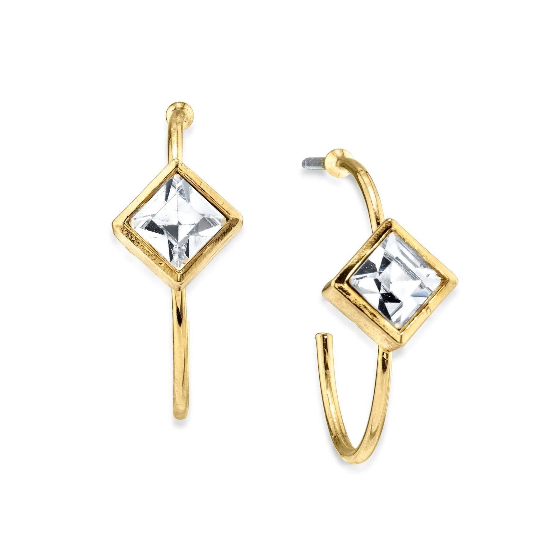 1928 Jewelry Diamond Shape Crystal Open Hoop Stainless Steel Post Earrings