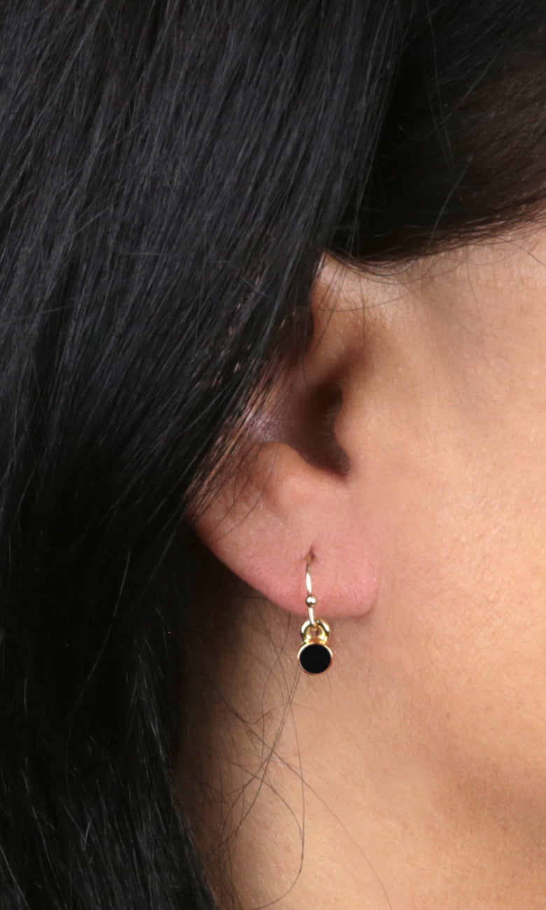 1928 Jewelry Black Enamel Button Dainty Wire Drop Earrings (Small)
