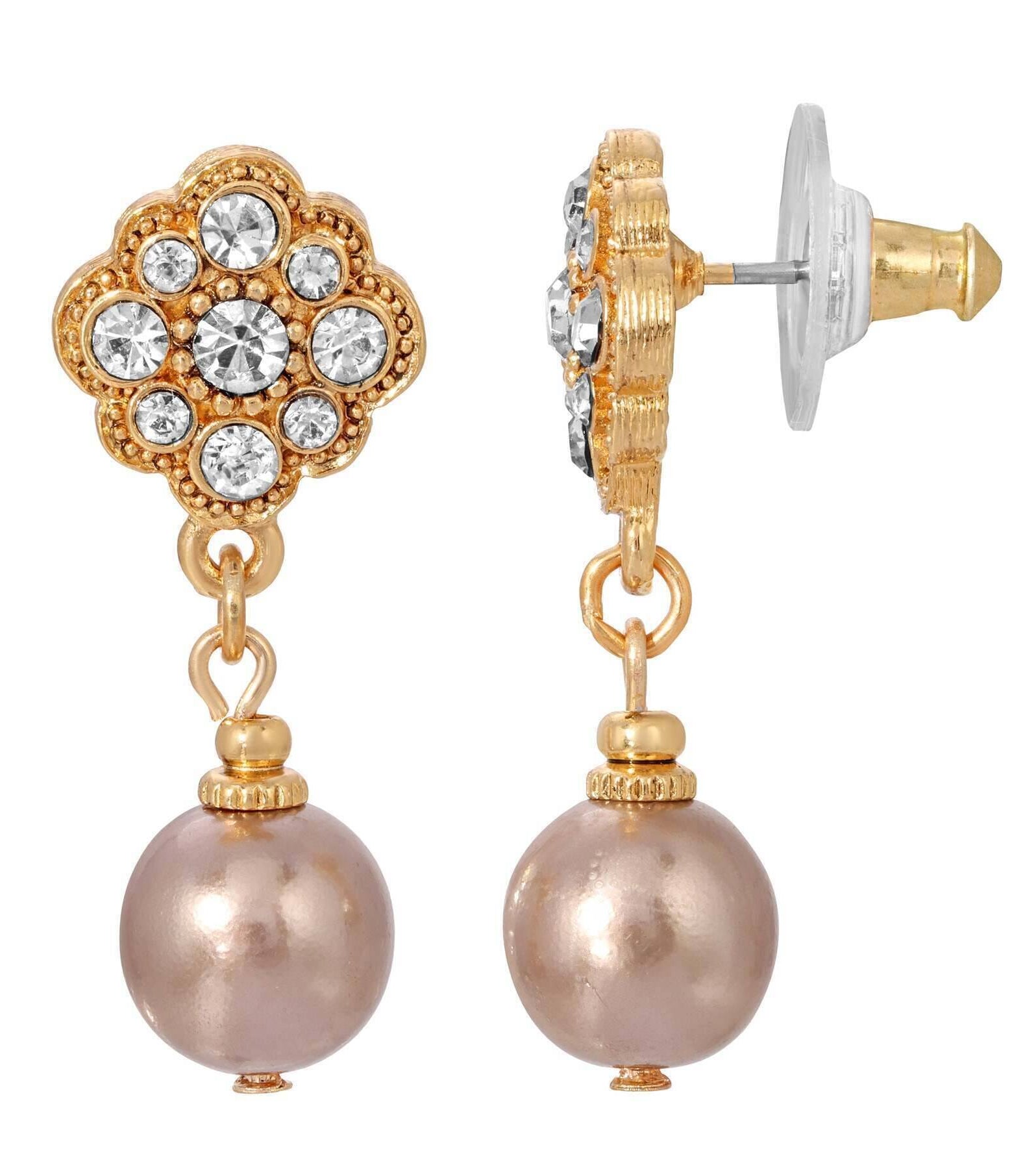 1928 Jewelry Faux Pearl and Floral Crystal Post Earrings