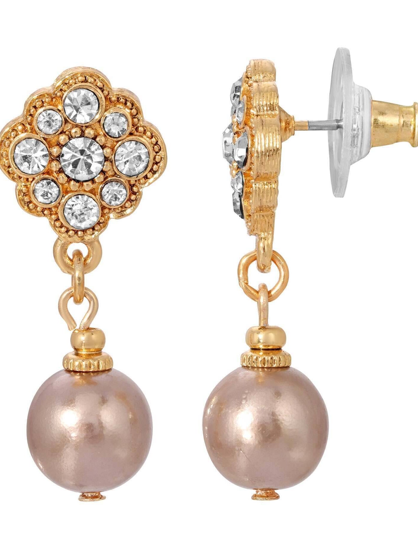 1928 Jewelry Faux Pearl and Floral Crystal Post Earrings