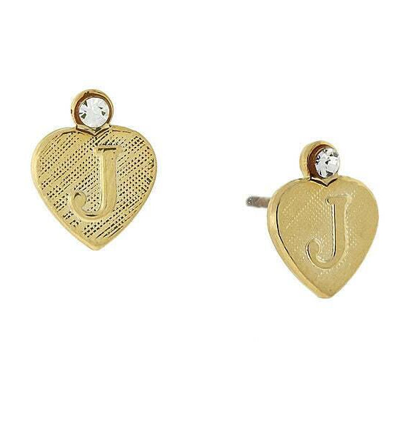1928 Jewelry Round Crystal Gold Initial Heart Stud Earrings