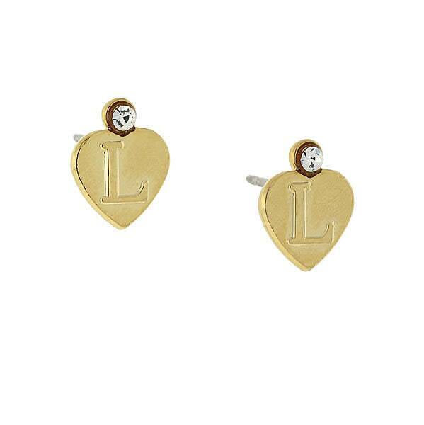 1928 Jewelry Round Crystal Gold Initial Heart Stud Earrings