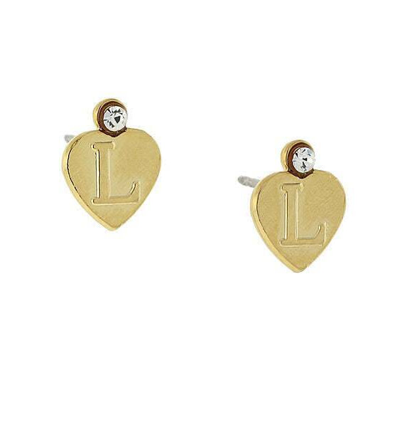 1928 Jewelry Round Crystal Gold Initial Heart Stud Earrings