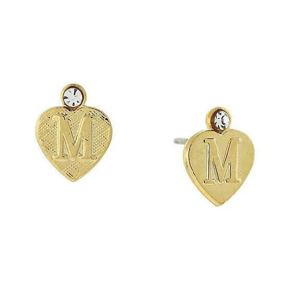 1928 Jewelry Round Crystal Gold Initial Heart Stud Earrings