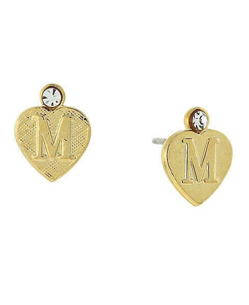 1928 Jewelry Round Crystal Gold Initial Heart Stud Earrings