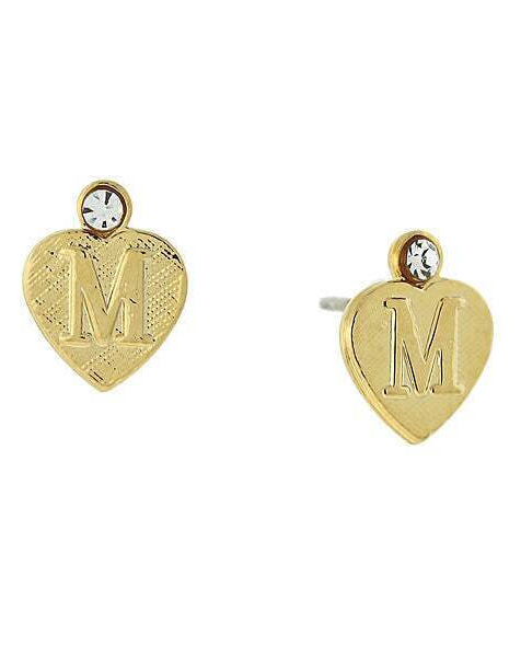 1928 Jewelry Round Crystal Gold Initial Heart Stud Earrings