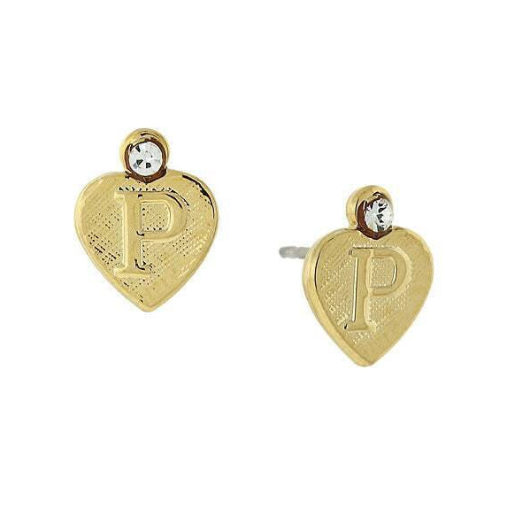 1928 Jewelry Round Crystal Gold Initial Heart Stud Earrings