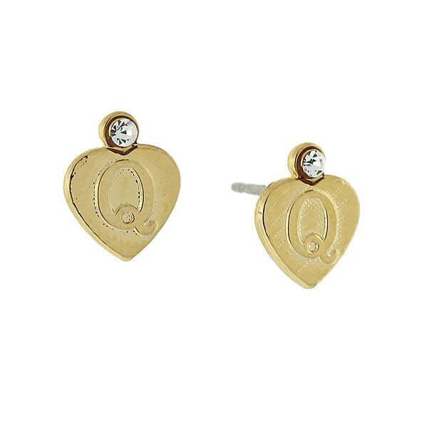 1928 Jewelry Round Crystal Gold Initial Heart Stud Earrings