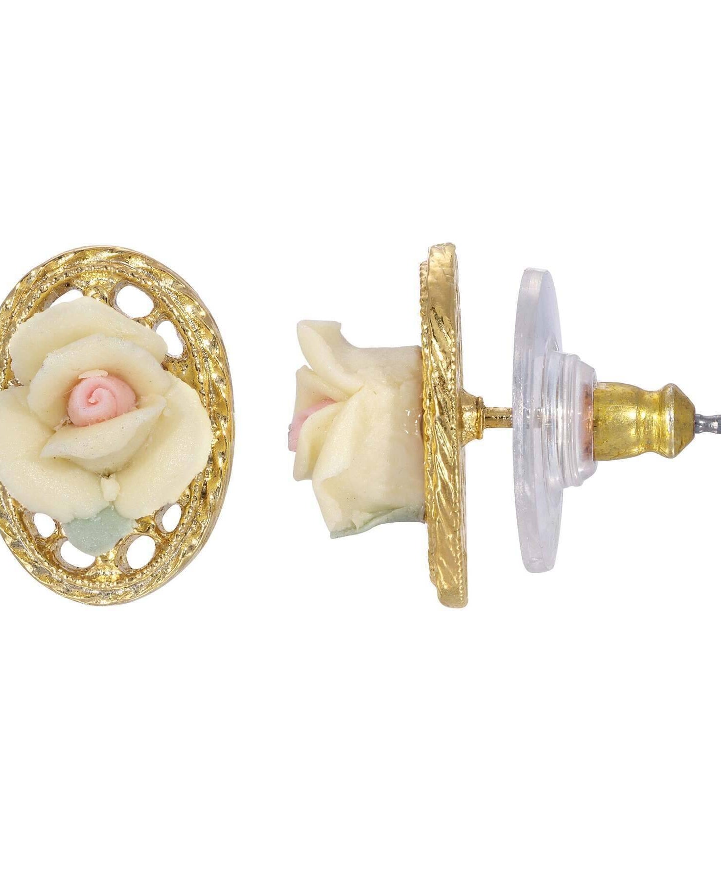 1928 Jewelry Porcelain Rose Filigree Oval Button Earrings