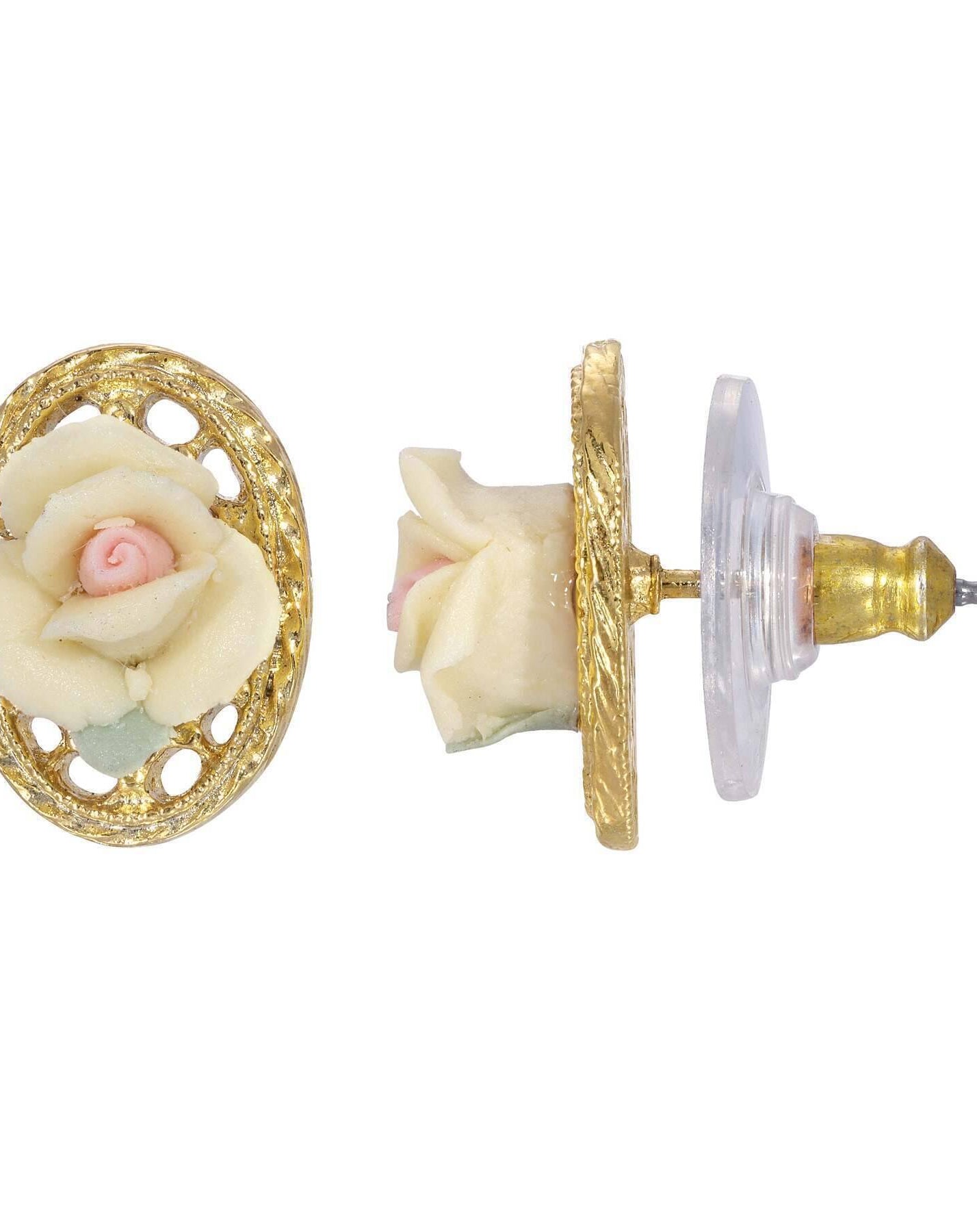 1928 Jewelry Porcelain Rose Filigree Oval Button Earrings