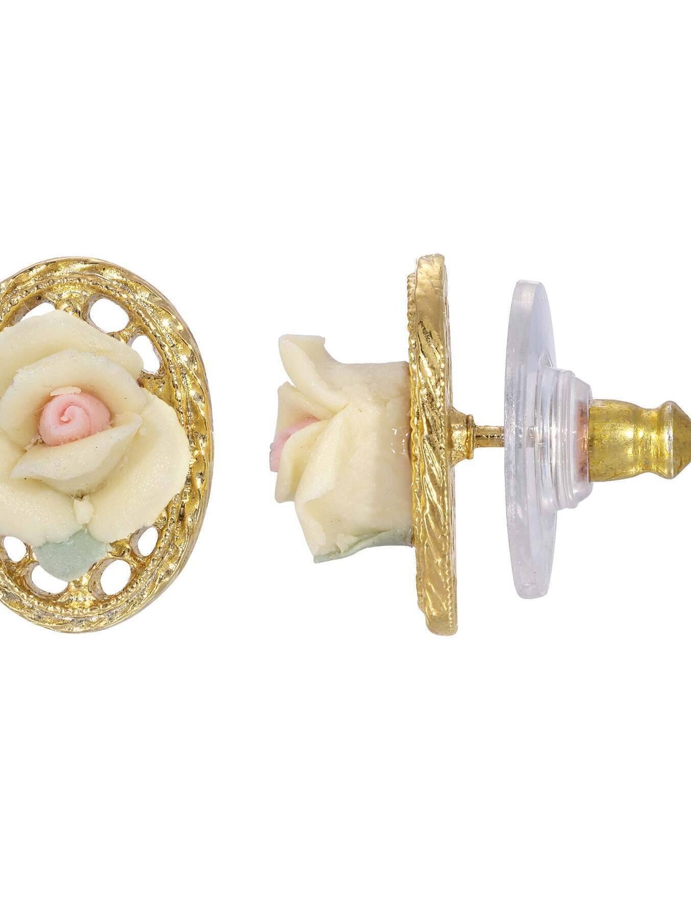 1928 Jewelry Porcelain Rose Filigree Oval Button Earrings