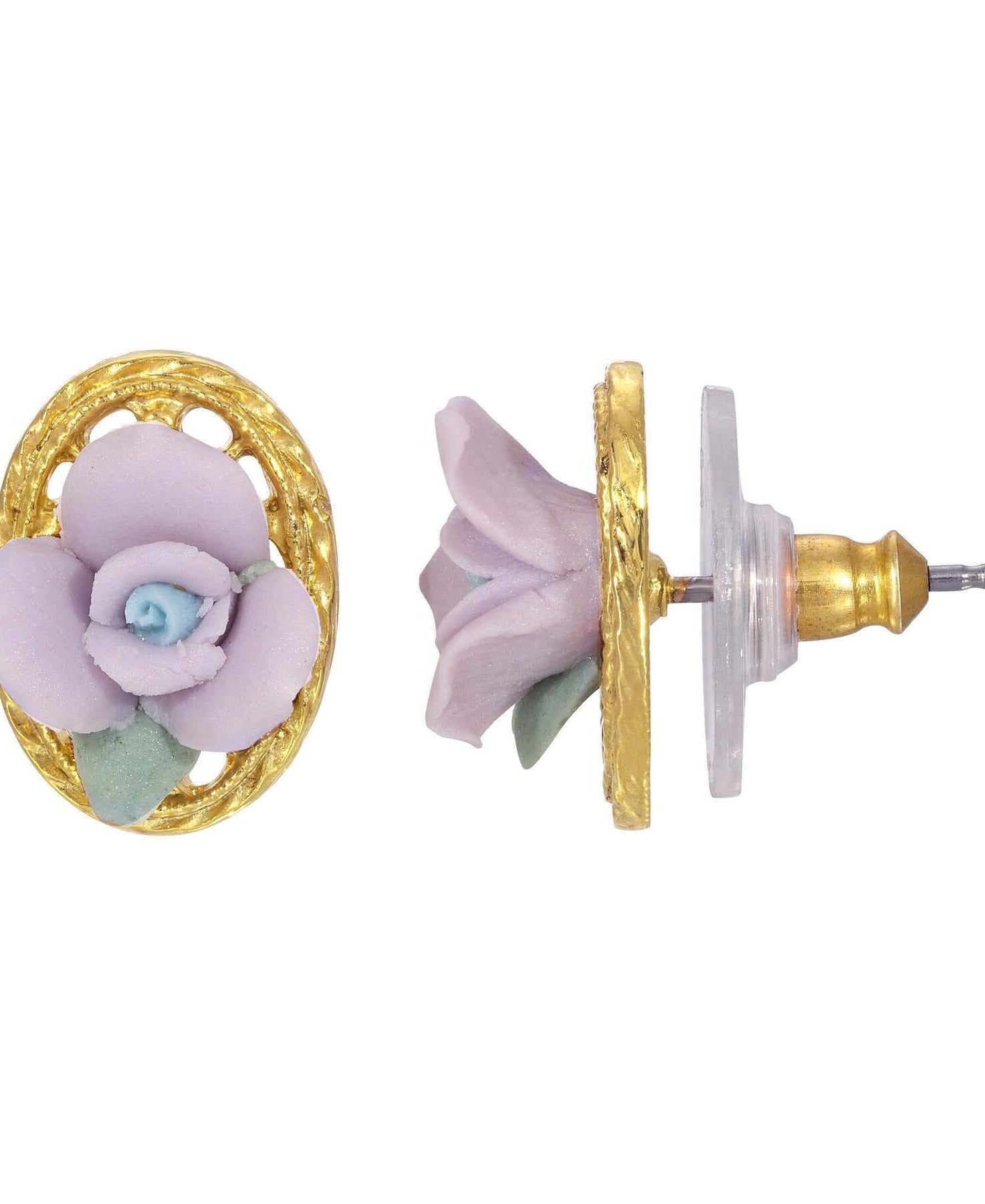 1928 Jewelry Porcelain Rose Filigree Oval Button Earrings