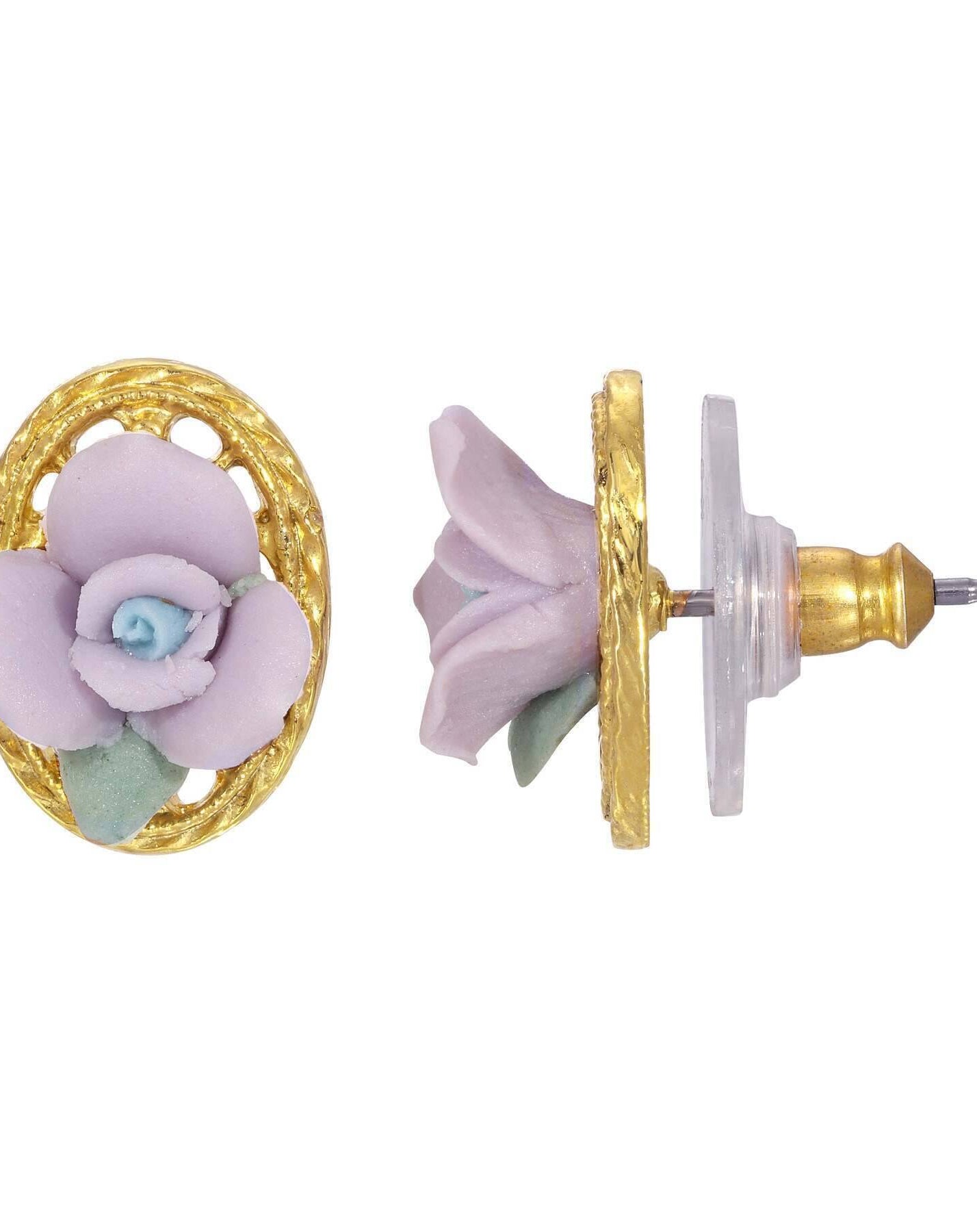 1928 Jewelry Porcelain Rose Filigree Oval Button Earrings