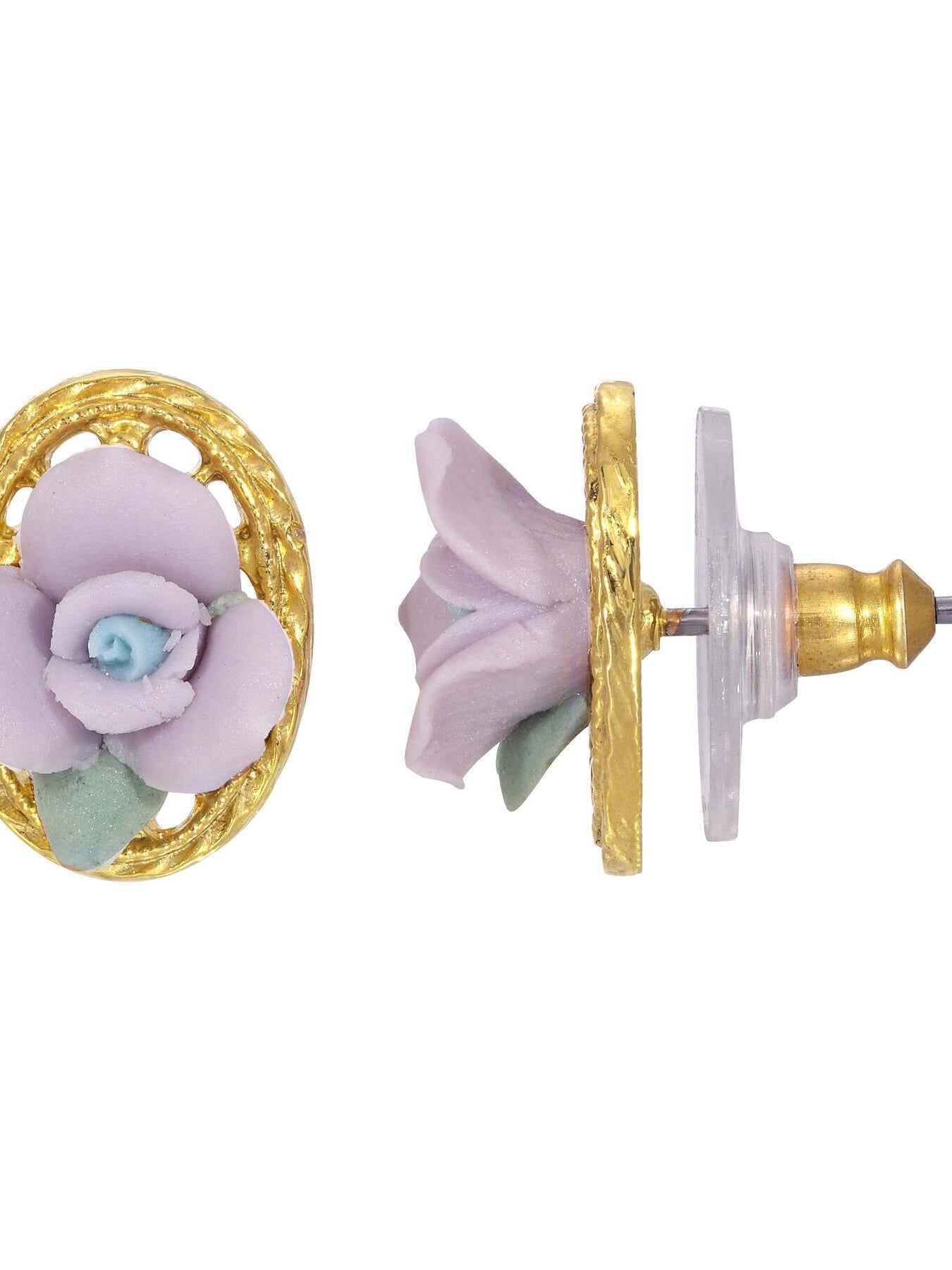 1928 Jewelry Porcelain Rose Filigree Oval Button Earrings