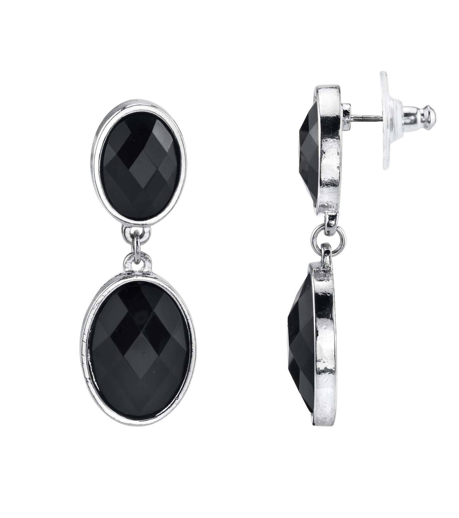 2028 Jewelry Black Faceted Stone Post Dangle Earrings