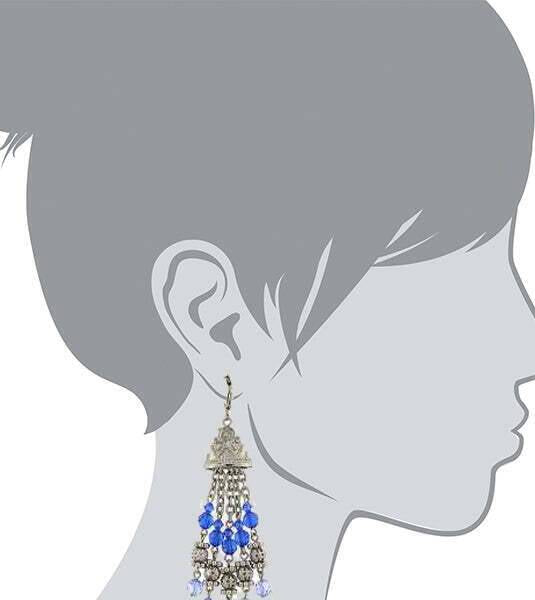 2028 Jewelry Sapphire Blue Crystal Round Puff Filigree Beaded Tassel Drop Earrings