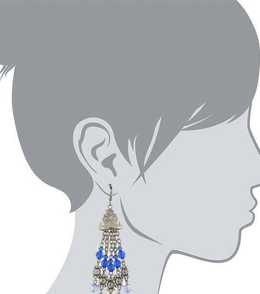 2028 Jewelry Sapphire Blue Crystal Round Puff Filigree Beaded Tassel Drop Earrings
