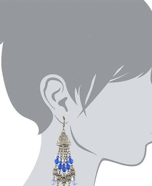 2028 Jewelry Sapphire Blue Crystal Round Puff Filigree Beaded Tassel Drop Earrings