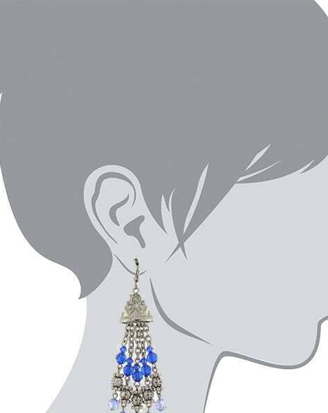2028 Jewelry Sapphire Blue Crystal Round Puff Filigree Beaded Tassel Drop Earrings