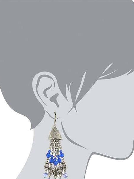 2028 Jewelry Sapphire Blue Crystal Round Puff Filigree Beaded Tassel Drop Earrings