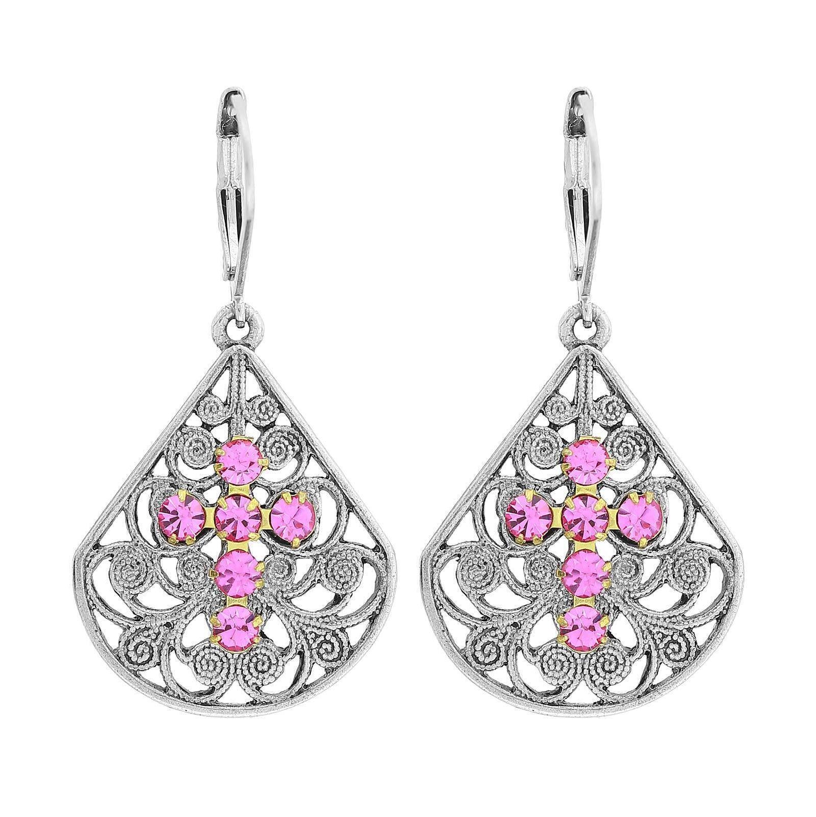 1928 Jewelry Filigree Fan Austrian Crystal Cross Earrings