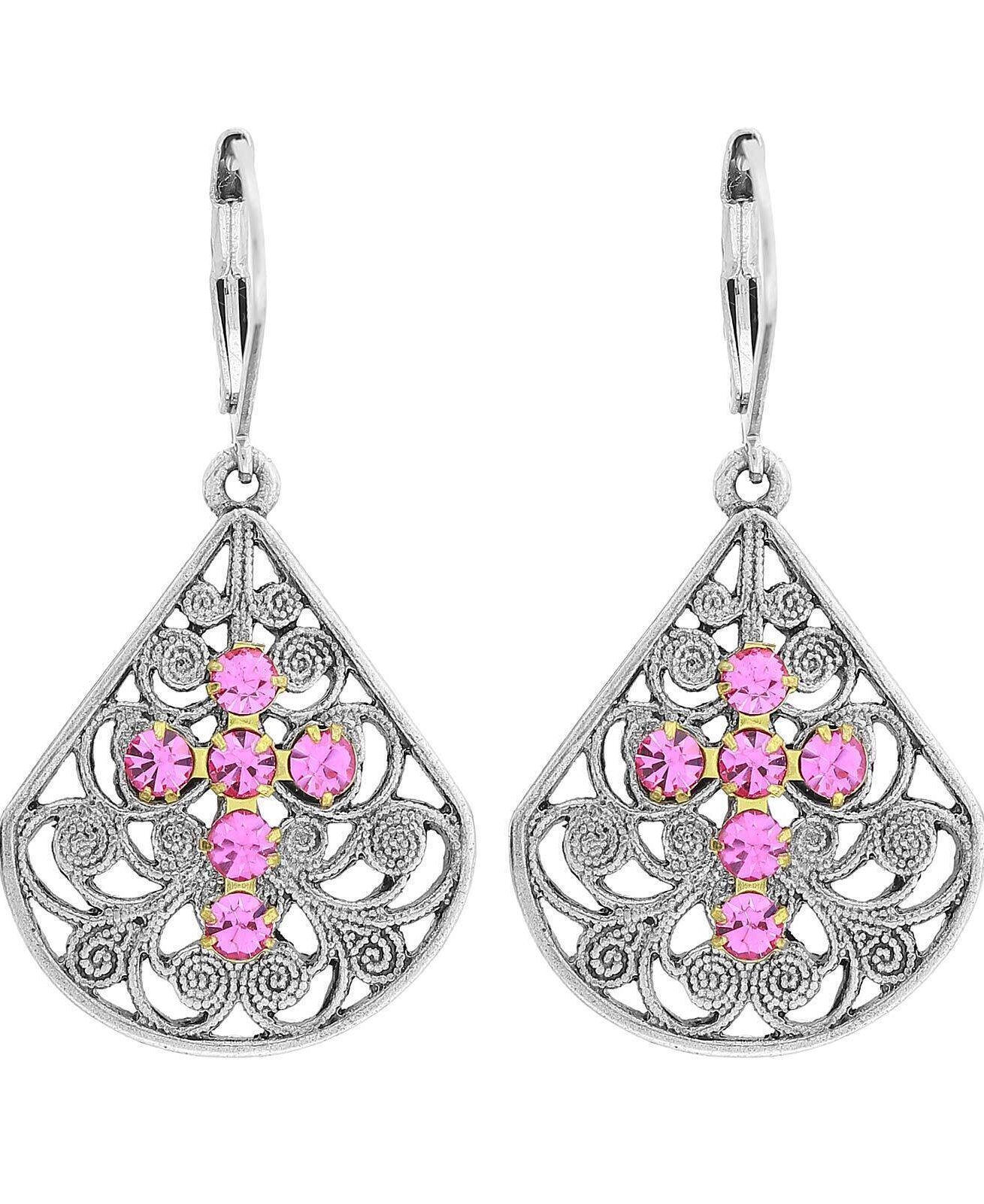 1928 Jewelry Filigree Fan Austrian Crystal Cross Earrings