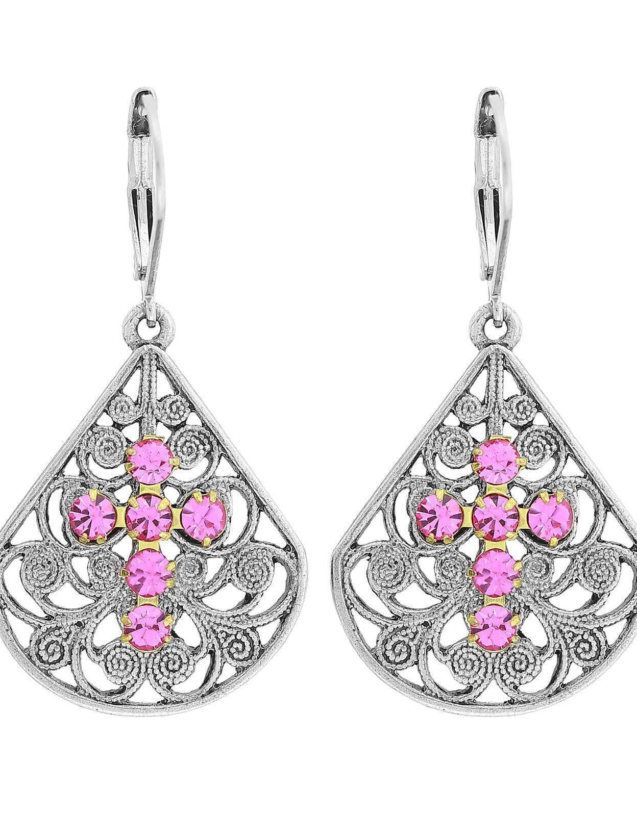 1928 Jewelry Filigree Fan Austrian Crystal Cross Earrings