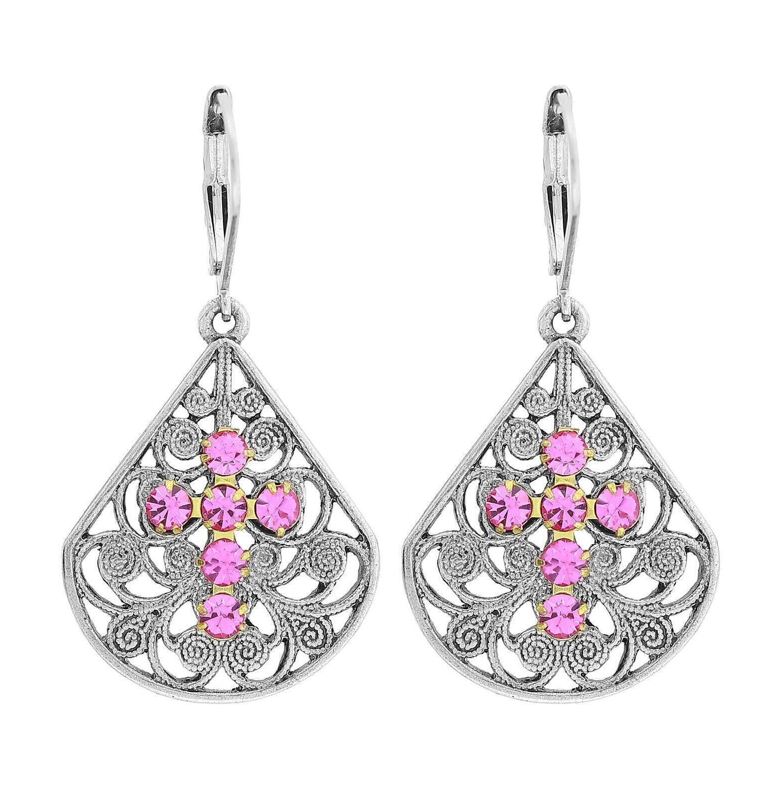 1928 Jewelry Filigree Fan Austrian Crystal Cross Earrings