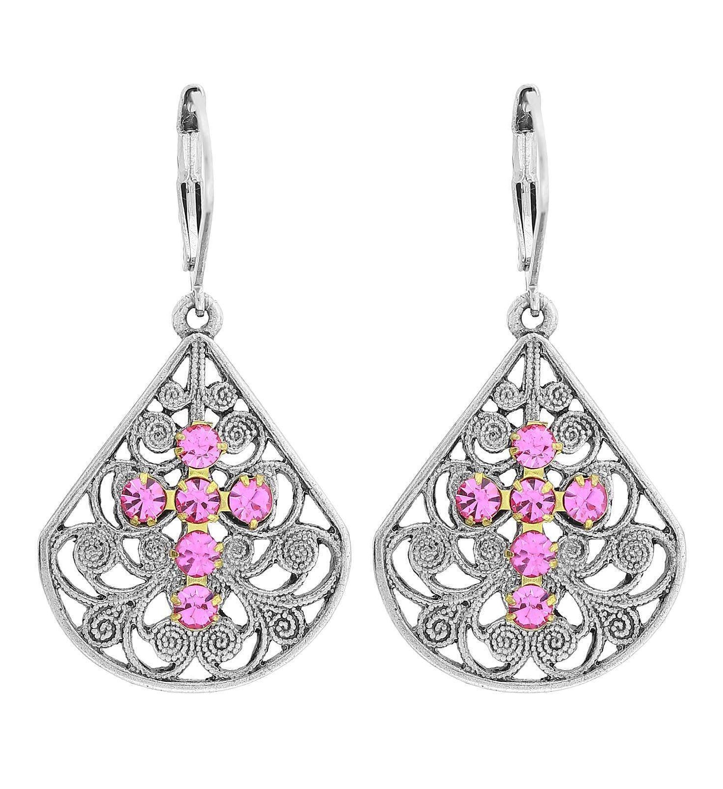 1928 Jewelry Filigree Fan Austrian Crystal Cross Earrings