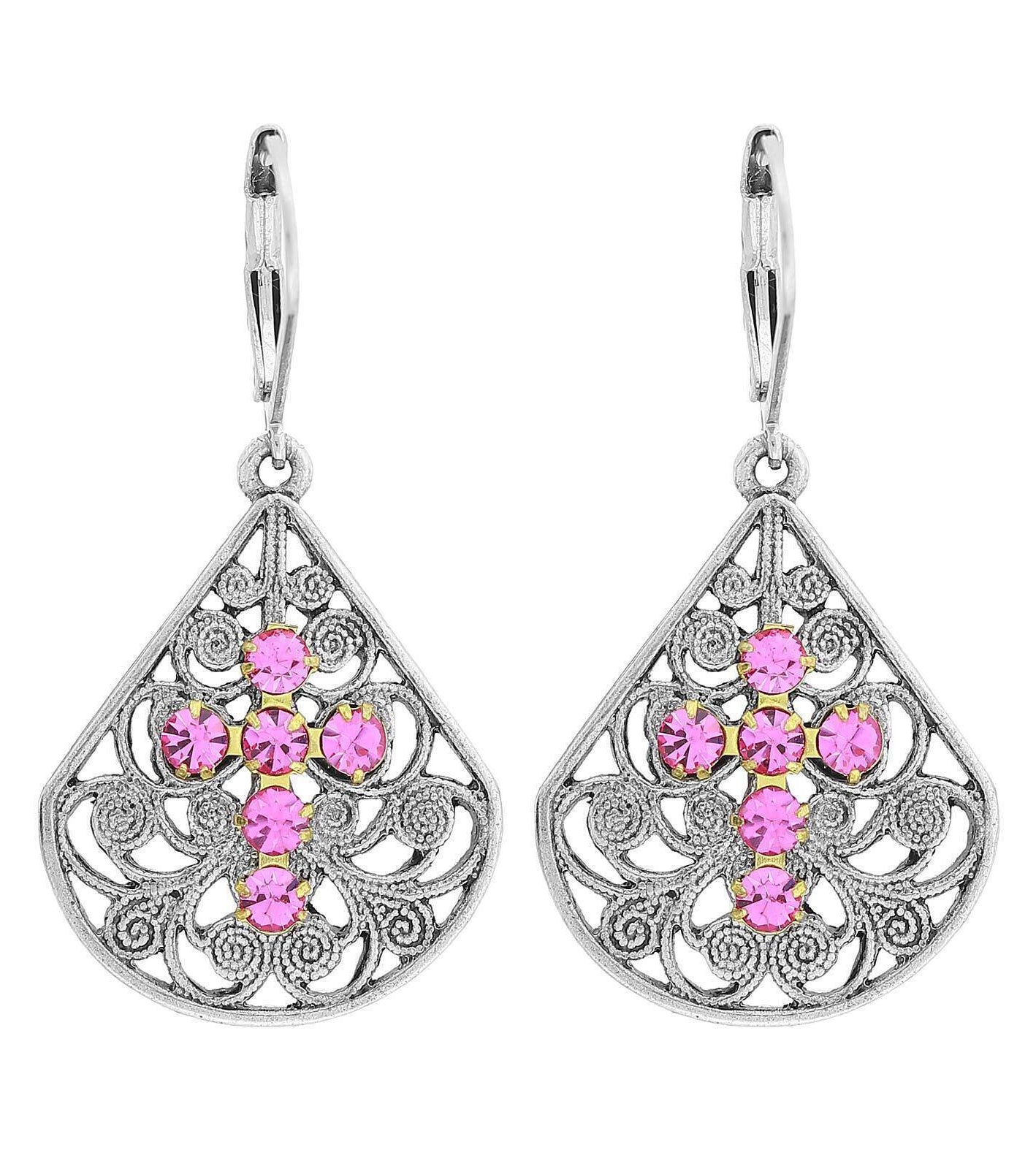 1928 Jewelry Filigree Fan Austrian Crystal Cross Earrings