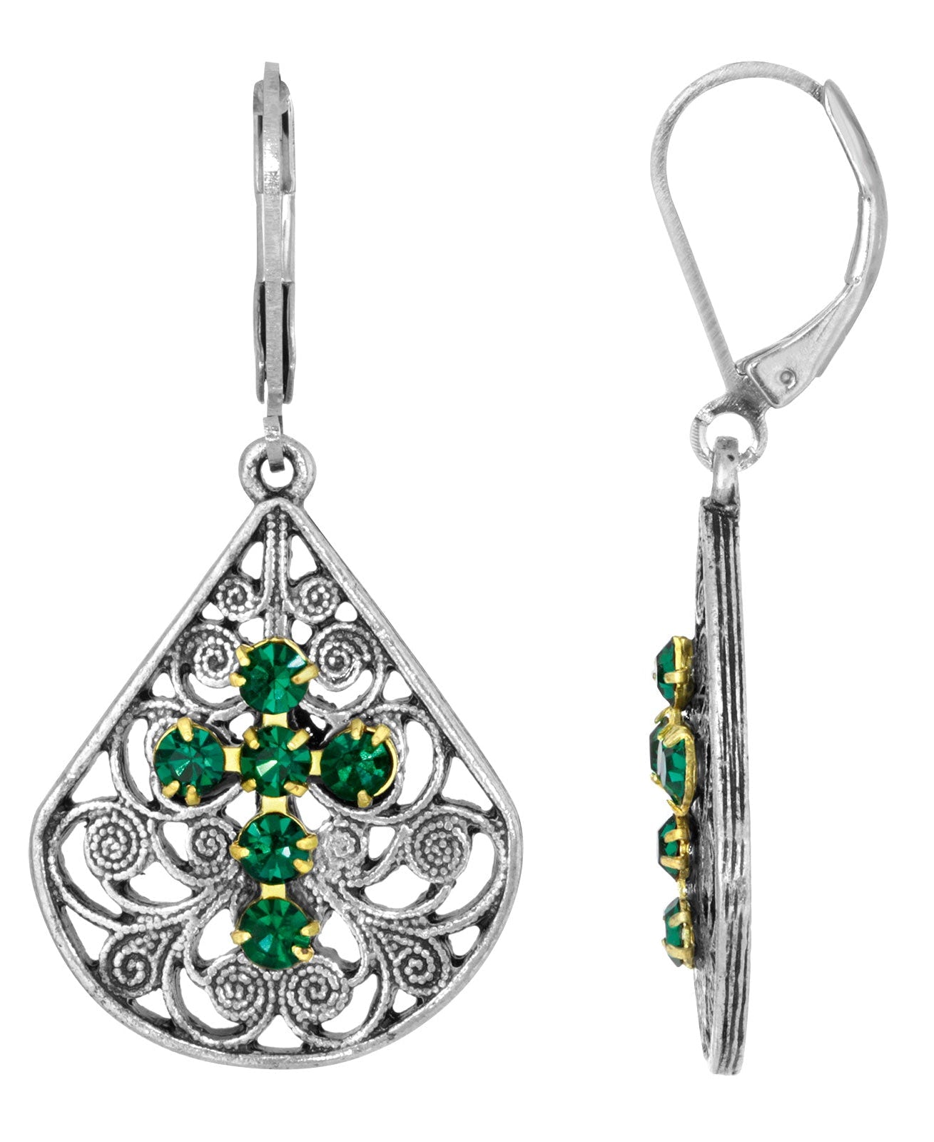1928 Spiritual Filigree Fan Austrian Crystal Cross Earrings