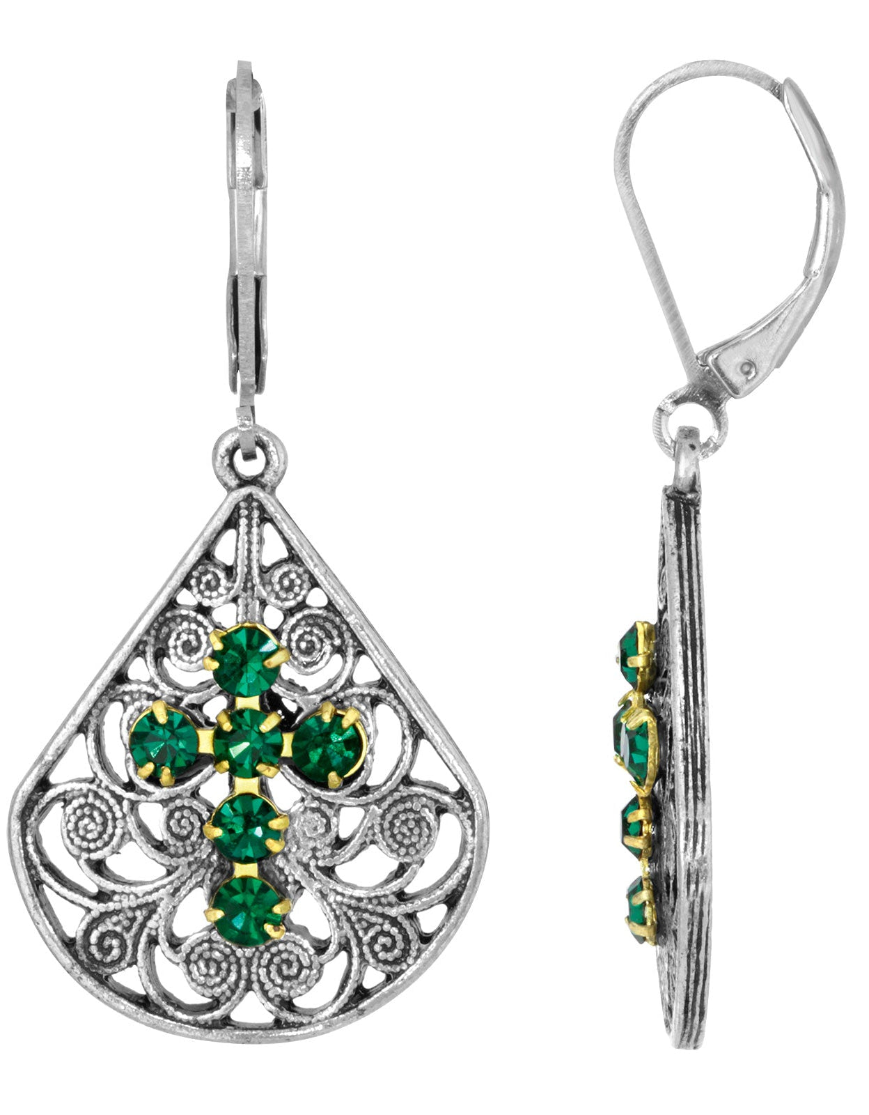 1928 Spiritual Filigree Fan Austrian Crystal Cross Earrings