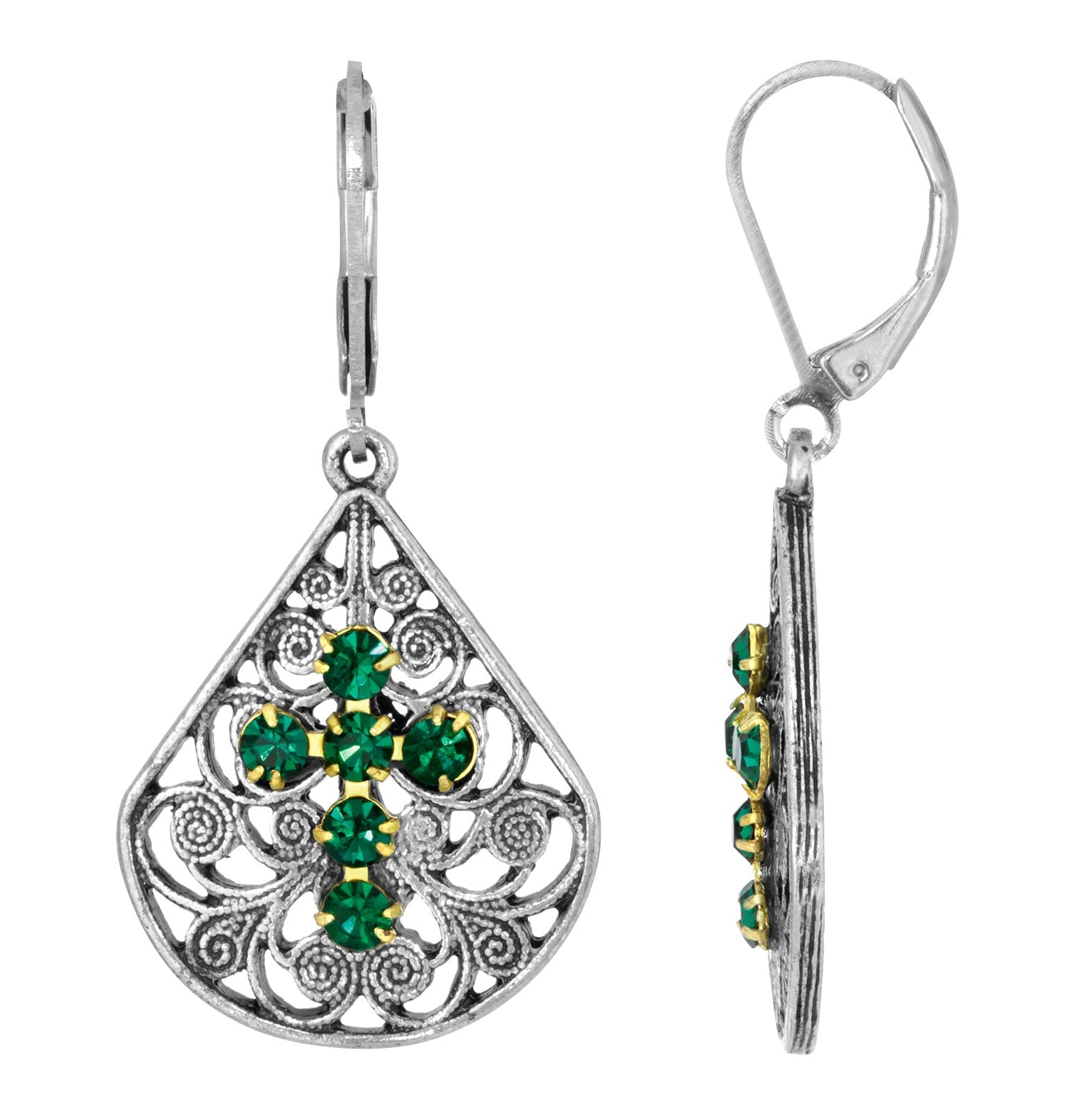 1928 Spiritual Filigree Fan Austrian Crystal Cross Earrings