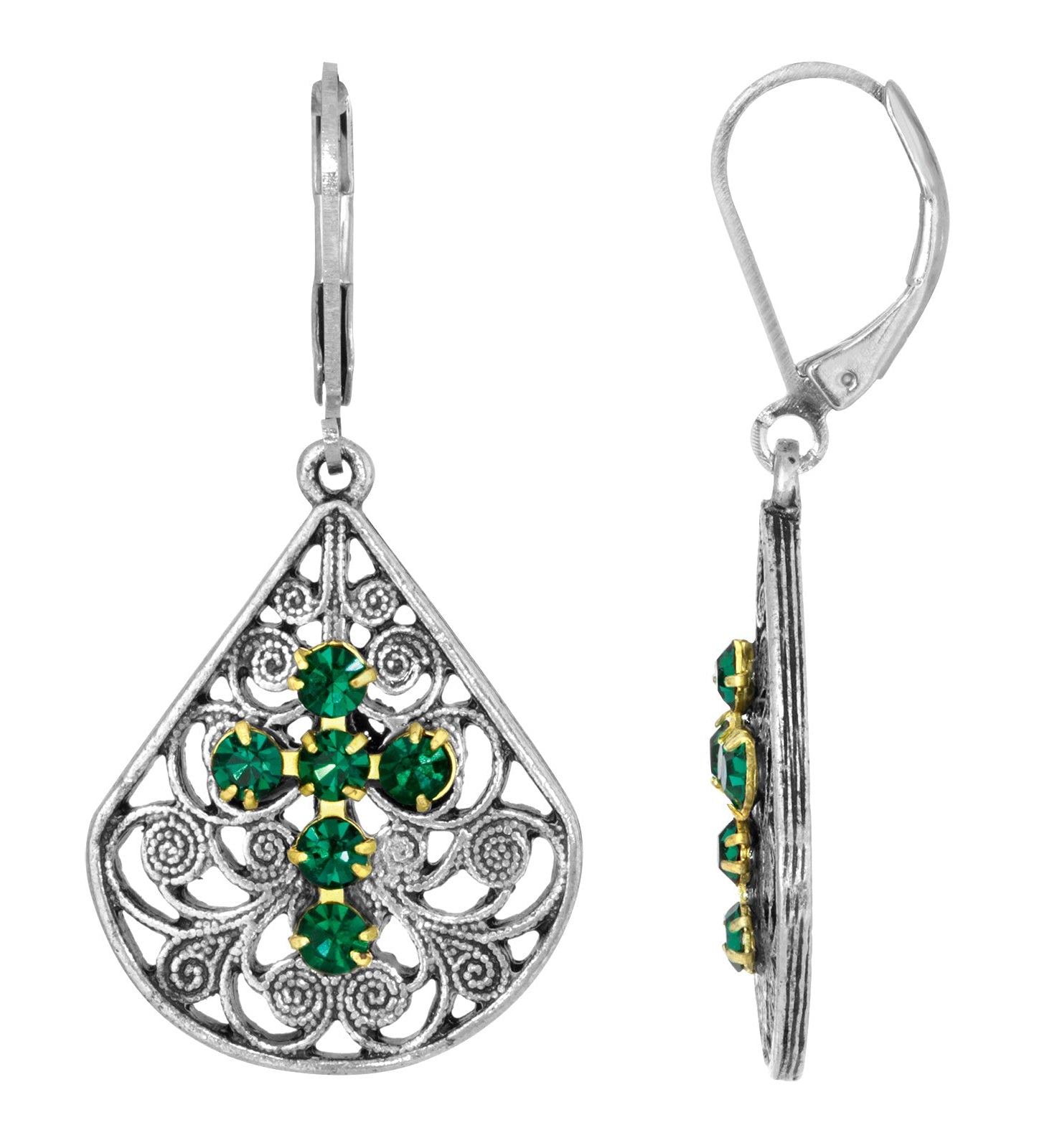 1928 Spiritual Filigree Fan Austrian Crystal Cross Earrings