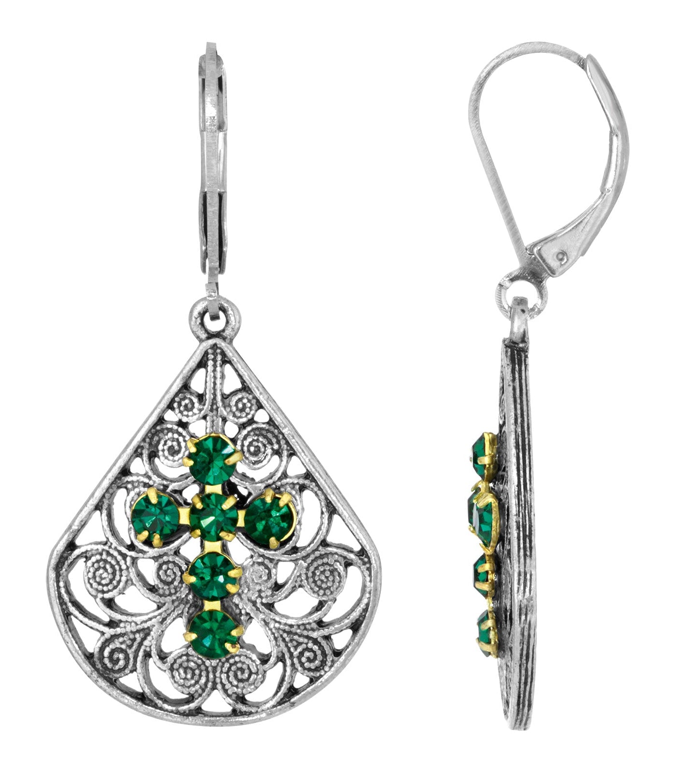 1928 Spiritual Filigree Fan Austrian Crystal Cross Earrings