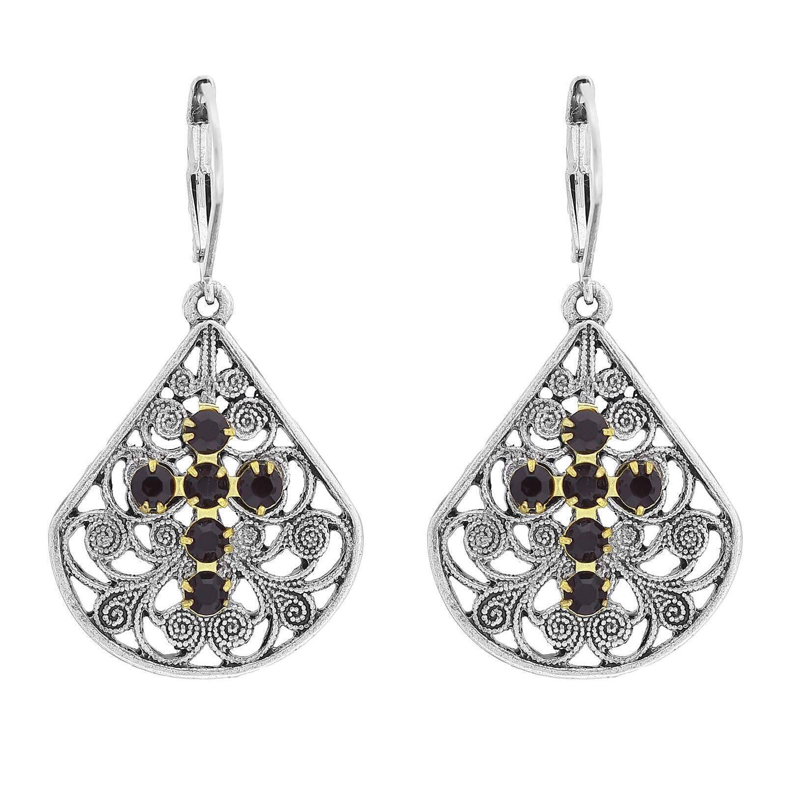 1928 Jewelry Filigree Fan Austrian Crystal Cross Earrings