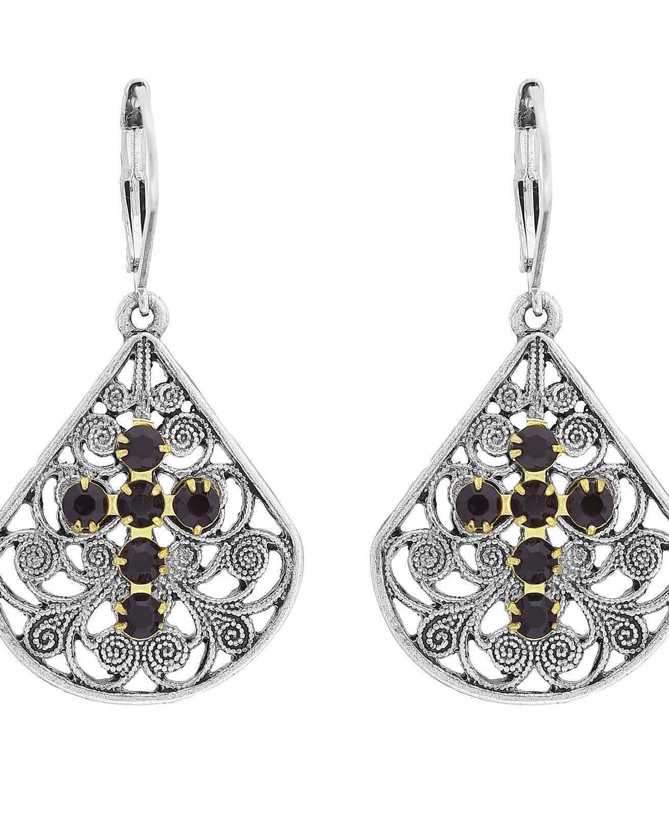 1928 Jewelry Filigree Fan Austrian Crystal Cross Earrings