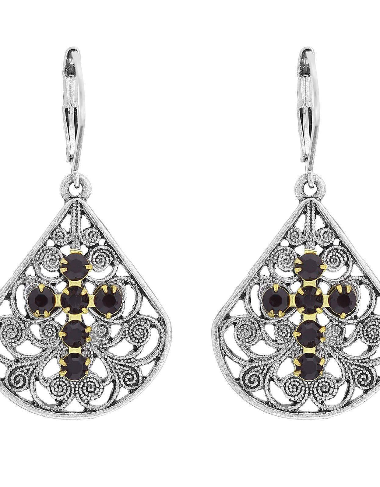 1928 Jewelry Filigree Fan Austrian Crystal Cross Earrings