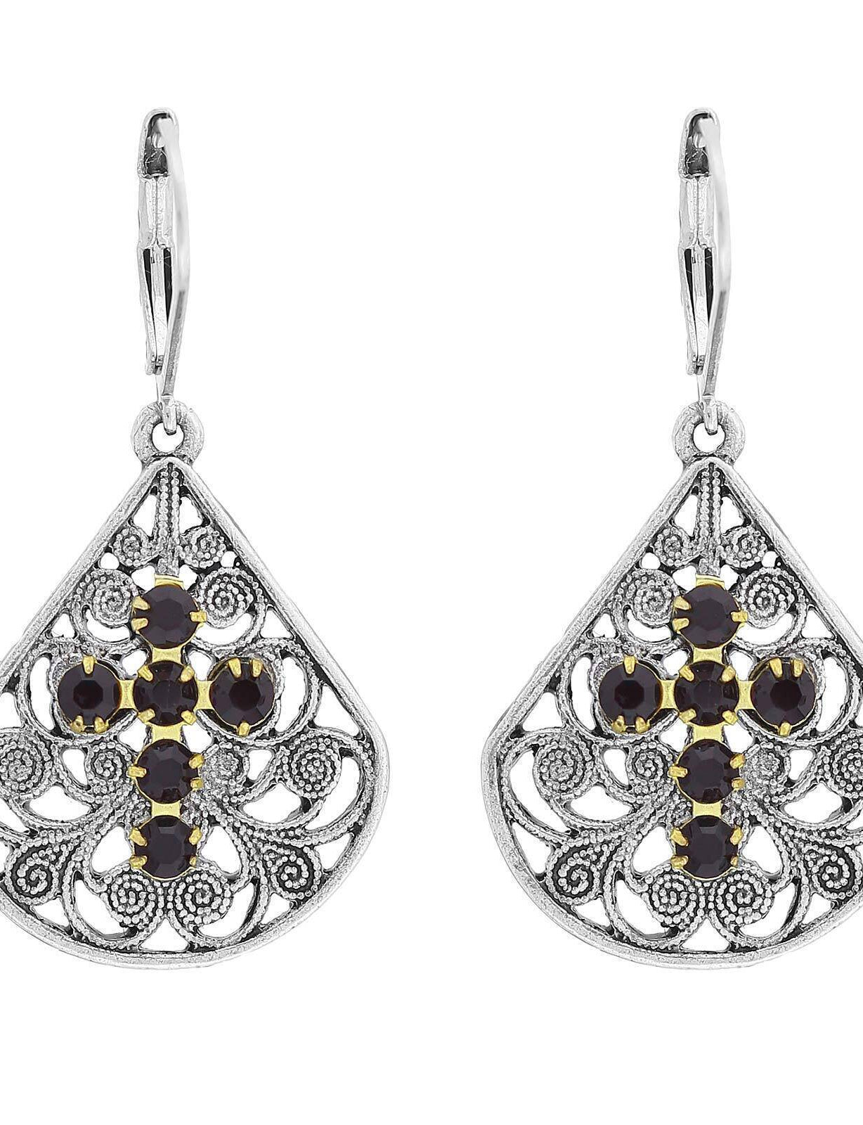 1928 Jewelry Filigree Fan Austrian Crystal Cross Earrings