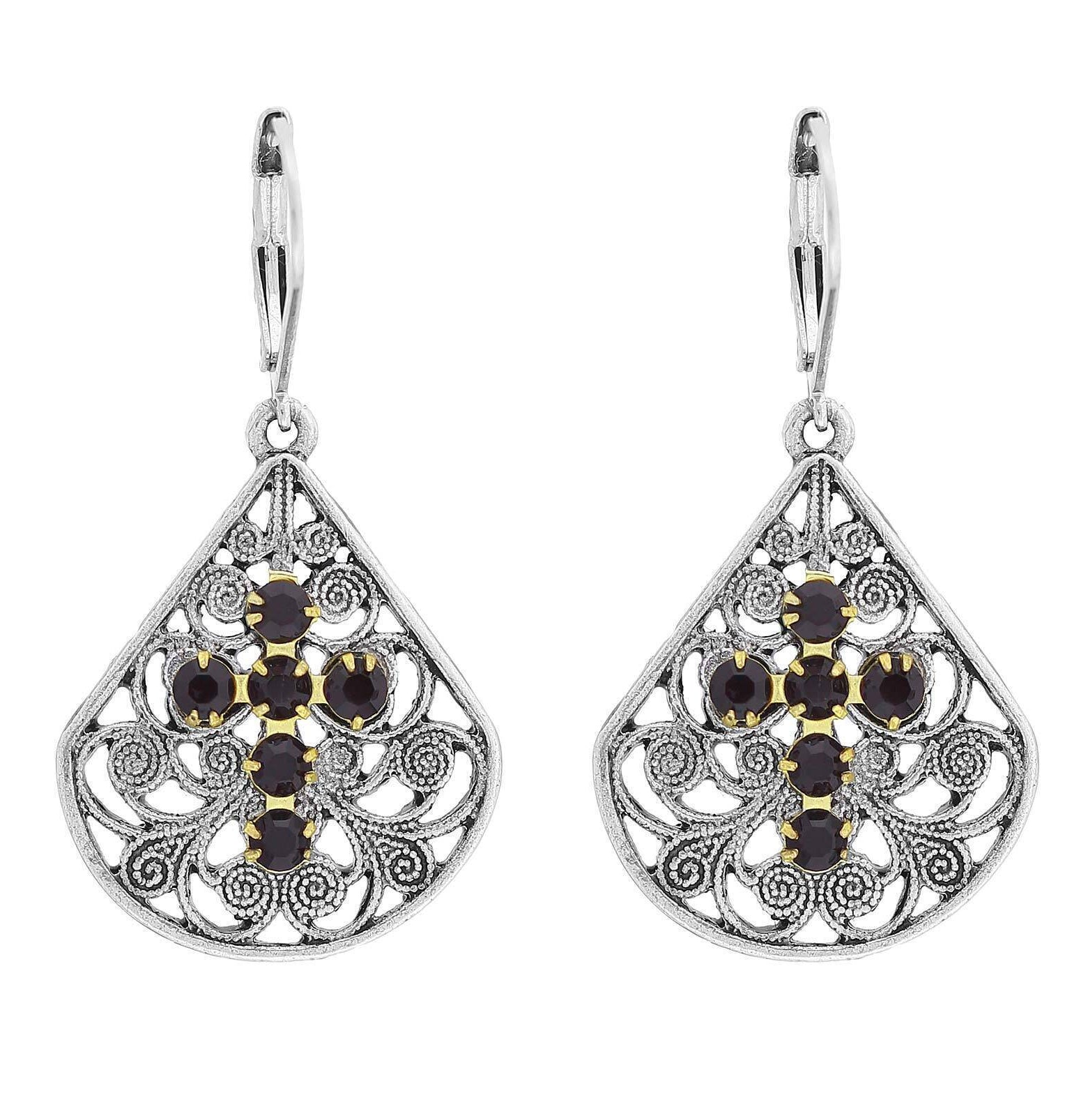 1928 Jewelry Filigree Fan Austrian Crystal Cross Earrings