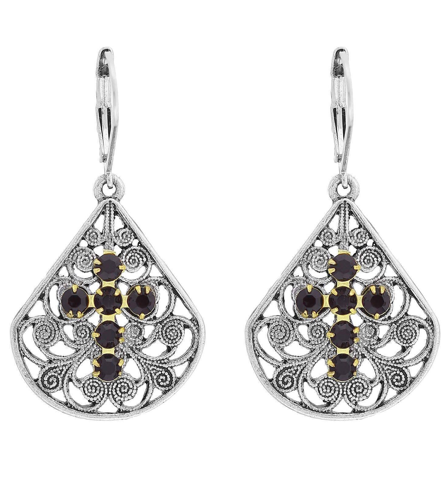 1928 Jewelry Filigree Fan Austrian Crystal Cross Earrings